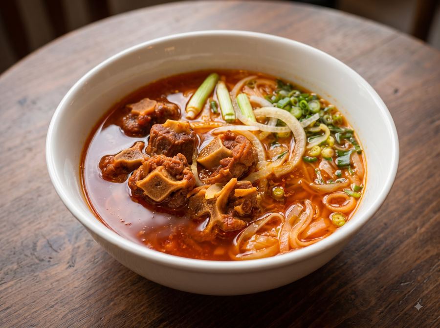 Spicy Oxtail Pho in red chili broth